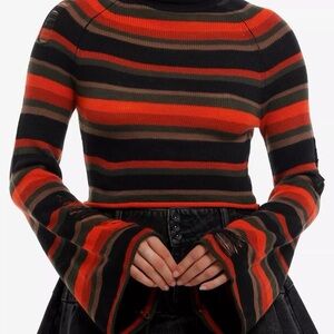 Sweet Society Orange & Brown Stripe Distressed Crop Girls Turtleneck Sweater, M